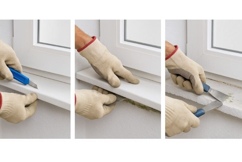 Eine Ansicht eines Prozesses des Fensterbank Entfernens