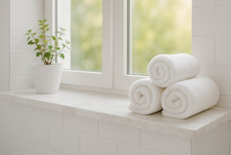 Kunststoff Fensterbank im Bad in Marmoroptik