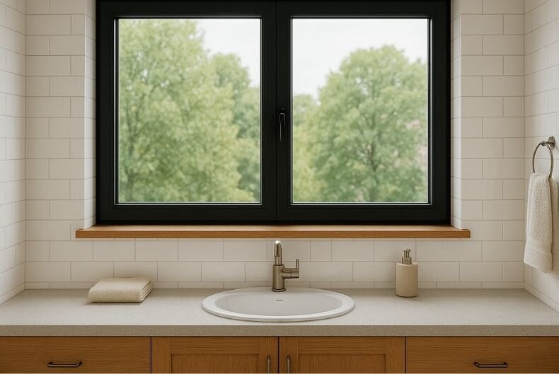 Holz Fensterbank im Bad über der Spüle