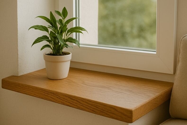 Eine Holz Fensterbank im Wohnzimmer mit einer Pflanze