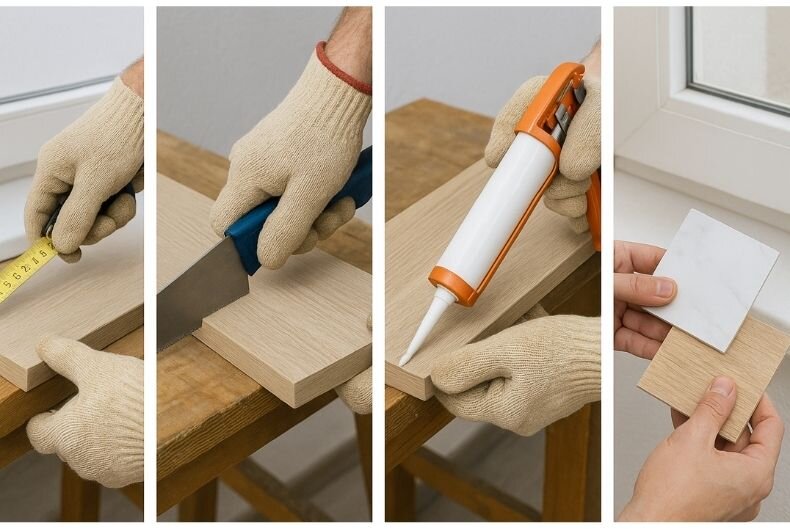 En Prozess des Fensterbank Messend, Zuschneidens und Versiegelns vor Austausch